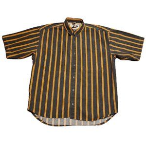 Drummer Boy Collection Striped Button Up Shirt Men's Large L Gray Orange Retro